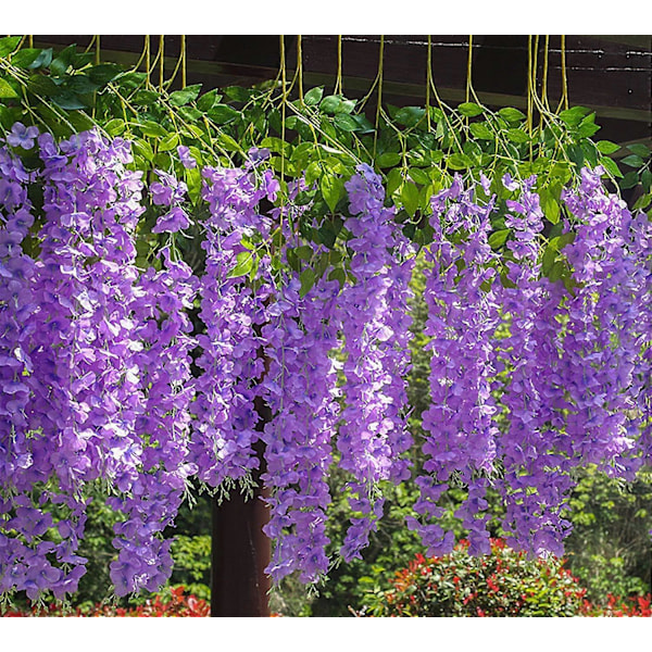 Falske hængende blomster 12 stk. 1,14 meter/stk. Kunstig Wisteria Slyngplante Ratta Hængende Guirlande til Fest Bryllupsdekoration (lilla)