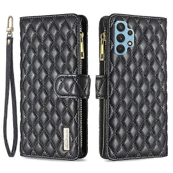 BINFEN COLOR Kompatibel med Samsung Galaxy A32 4G (EU Version) BF Style-15 Rhombus Mønster Præget Beskyttelsesetui med Lynlås P Black