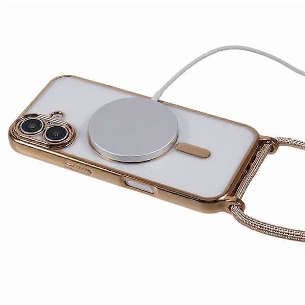 Kompatibelt skal för iPhone 16, kompatibelt med MagSafe, elektropläterad TPU-mobilskydd med långt snöre Gold
