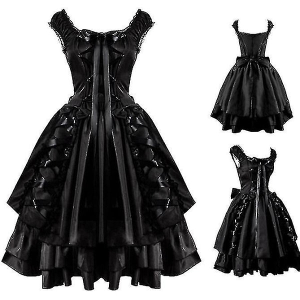 Naisten klassinen musta kerroksinen nauhallinen Goth Lolita -mekko keskiaikainen renessanssin vaatteet S