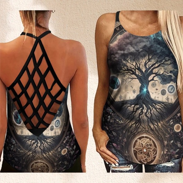 Naisten kesäinen hollow Out -hihaton Cross Cross Tank Top Muoti Tree of Life Abstrakti Print Y2k Top B 6XL