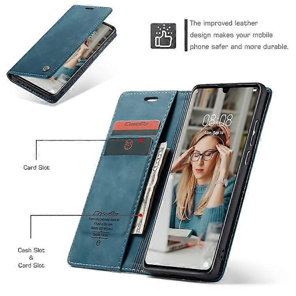 CASEME 013-serien Kompatibel med Huawei P30 Stötsäkert PU Läder Ställ Skydd Anti-repa Plånboksfodral Blue