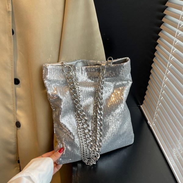 Metallic Silver Tote Bag Handväska Lyx Paljett Dam Axelväska Kedja Crossbody Väska black 25x4x30cm