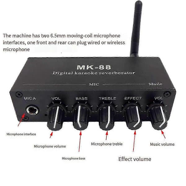 -88 6.5mm Mikrofon Romklang Effekt Bluetooth Koaksial Dekoder Stereo Forforsterker o Forsterker Miksebord