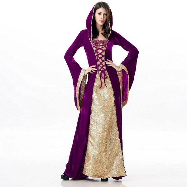 Vintage medeltida viktoriansk klänning renässans balklänningar klänningar kostym långärmad halloween kostym för kvinnor Purple S