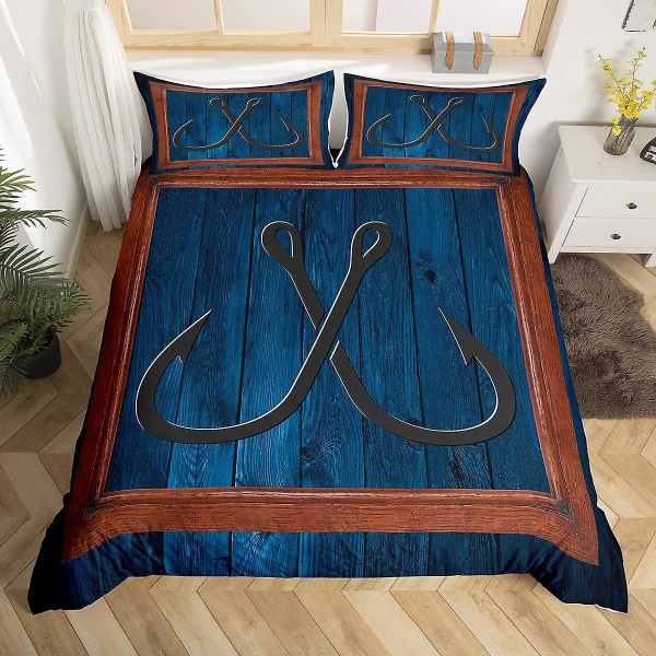 Fiskekrok Anker Dynetrekk Rustikk Stil Sengetøy Sett Nautisk Trepanel Polyester Dynetrekk Svart Vintage Dynetrekk