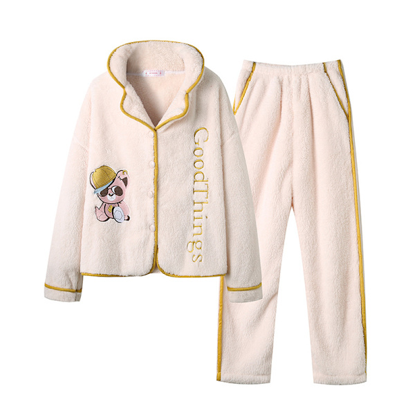 Luonnonvalkoiset Karhu Velvet Pyjamat Naisten Pitkähihainen Plus Velvet Sarjakuva Koralli Velvet Pyjamat Off-white Bear L