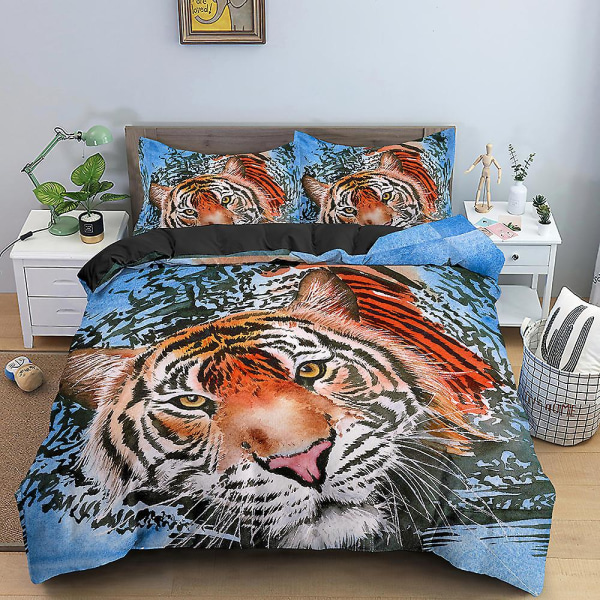Tigerblommor King Queen Påslakanset Djur Blommig Sängkläder Set För Barn Tonåring Vuxen Djungel Gröna Växter Vilda Djur Mjukt Täcke