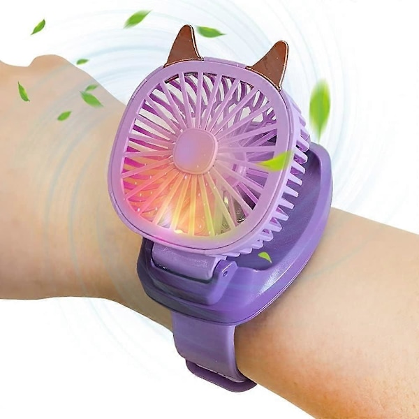 Mini Bärbar Armbandsfläkt, Handhållen Klockfläkt med Armband Färgglada LED-Ljus Trestegs USB-Laddning