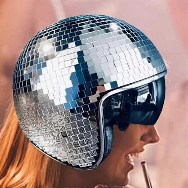Disco Ball Hjälm Glitter Speglar Glas Punk Kostym Hatt med Infällbart Visir Disco Ball Hatt för B