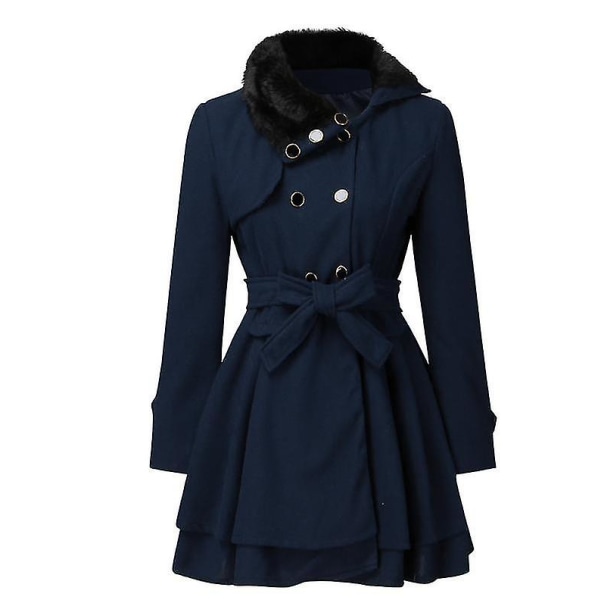 Dam Faux Fur Slag Dubbelknäppt Ullkappa Jacka Navy Blue 4XL