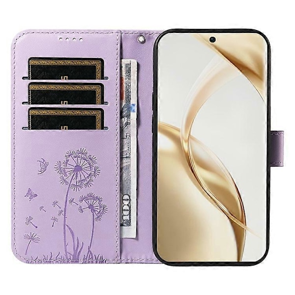 Kompatibelt lærveske-lommebok telefondeksel med løvetannmønster for Honor 200 5G Purple