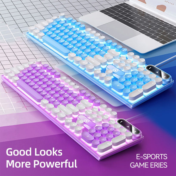 Retro Punk Rund Keycap Gaming Tangentbord Kabelanslutet RGB Bakgrundsbelyst tangentbord USB Bakgrundsbelyst Tangentbord med 104 tangenter purple white