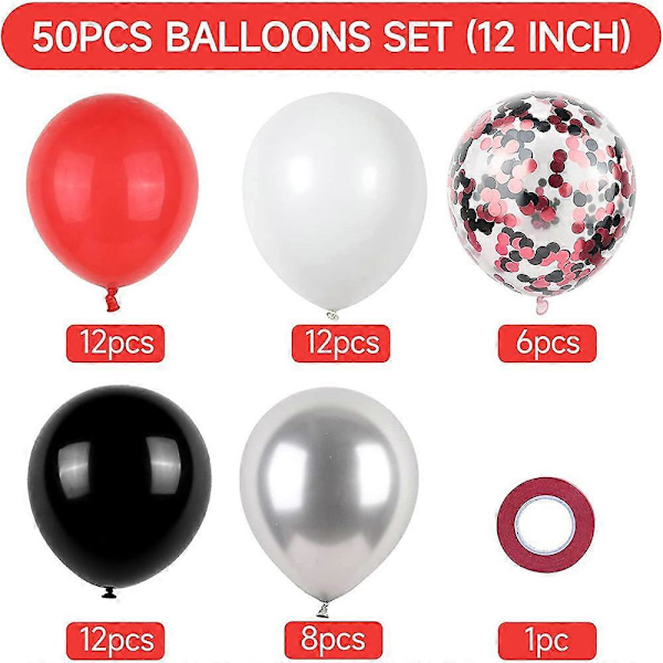 Punaiset ja valkoiset ilmapallot, mustat ja punaiset konfetti-ilmapallot, 50 punaista ja mustaa lateksi-ilmapalloa, helium-karnevaalijuhlapallot, ystävänpäivä