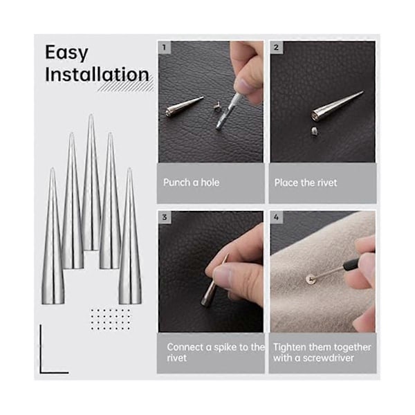Set med 40 Kläd-dubbar, Olika Storlekar Avsmalnande Spetsar med Punk Nitar, DIY Silver M