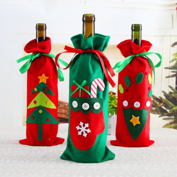 3 Jule Vinflaske Poser med Etiketter - Premium Non-Woven Stof - Festlige Flaskeposer - Gaver, Borddekoration