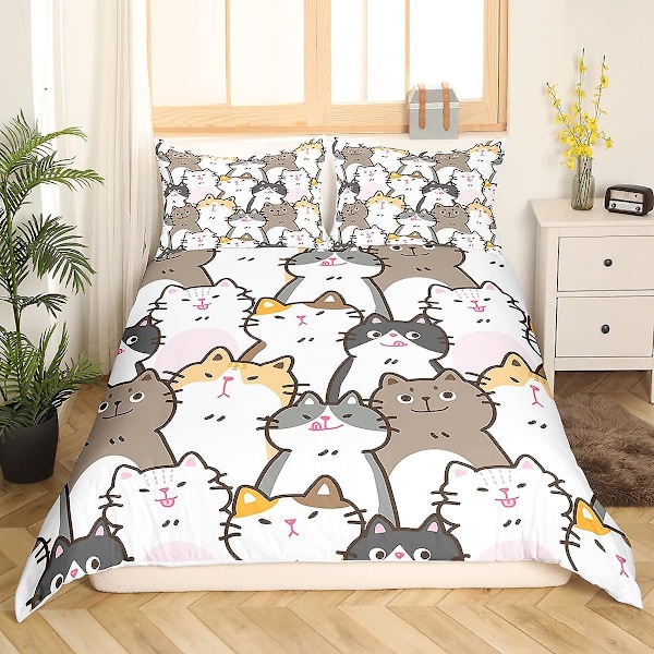 Sött Påslakanset för Barn med Katt Kung och Drottning, Tecknad Kitty Sängkläder Djur Leksak Täcke Örngott Flickig Rosa Polyester Quilt Överdrag