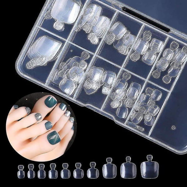 Akryyliset tekokynnet Cover, 100 kpl Keinotekoinen ranskalainen varpaankynsi, 10 kokoa laatikolla, tekokynsivinkkejä kynsihoitoon ja tee itse nail art -jalkakoristeita