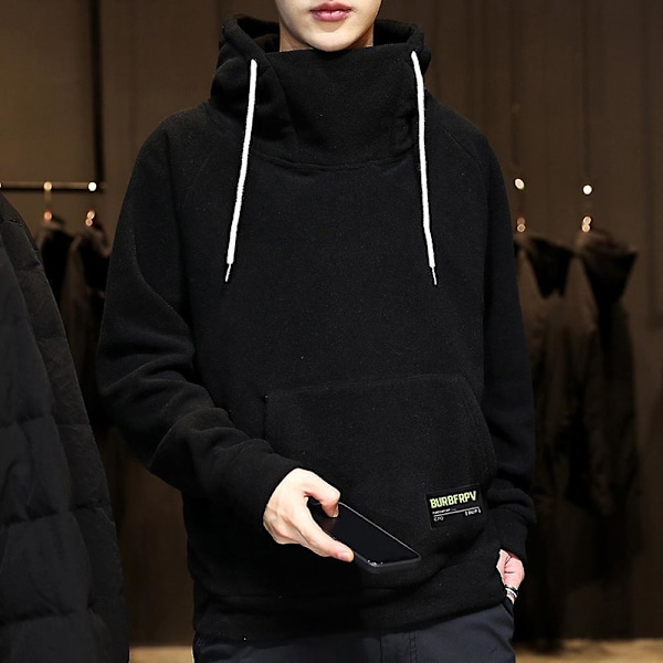 Paksu fleece huppari miesten syksyyn ja talveen, korkea kaulus, hupullinen collegepaita, hip hop -huppari black XS