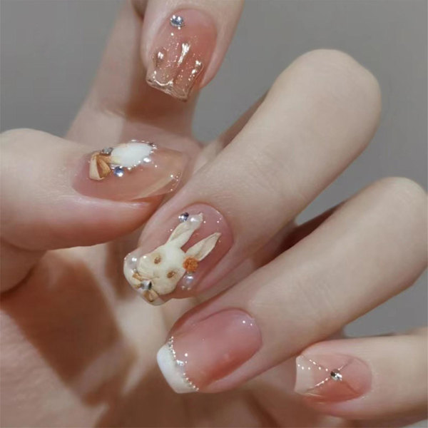 Återanvändbara 24 st Press On-naglar Vita kaniner Lösnaglar Rosa nagelkit med lim för DIY-manikyr hemma