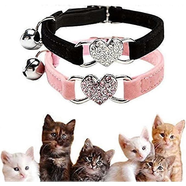 2-delat kärleksflockat färgat diamantklockhalsband för katt (svart och rosa), sött litet katthalsband, katthalsband med klocka och resårband