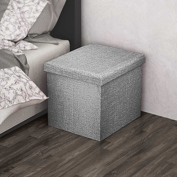 Vikbar Ottoman 30x30x30 cm i Alaska Grå - Dekorativ Förvaringslåda i Linne-look Tyg för att Spara Utrymme - Pall med Förvaring