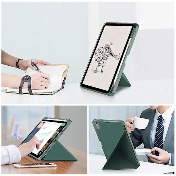 Kompatibel med iPad 10.9 (2022) / iPad 10. generation Origami Stand PU Læder Tablet Case Auto Vågn/Sov Pen Slot Beskyttelsescover DarkGreen