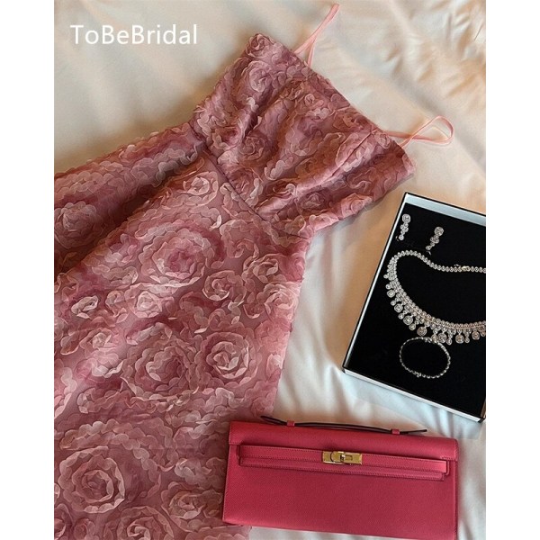 2023 Ny rosa 3D-blomma examensfestklänning Sexig italiensk nudelrem A-linje hög midja balklänning med snörning فساتين سهره فاخره Pink 12