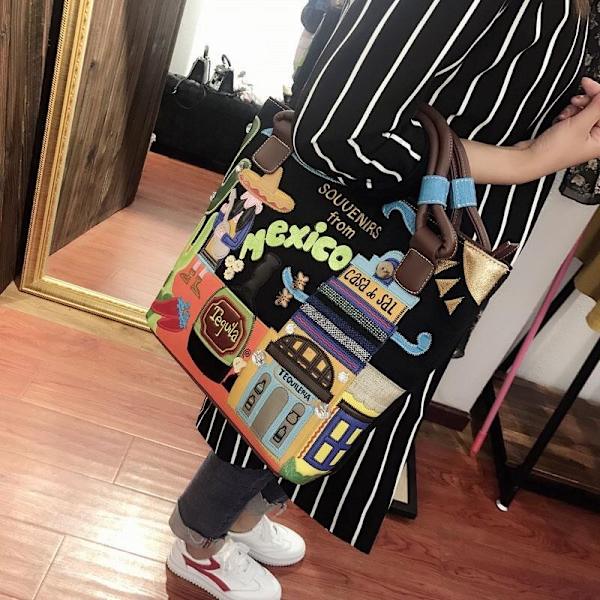 Naisten retro tyylinen kangaskassi, suuri olkalaukku, crossbody-ostoskassi Coffee 35x33x10cm
