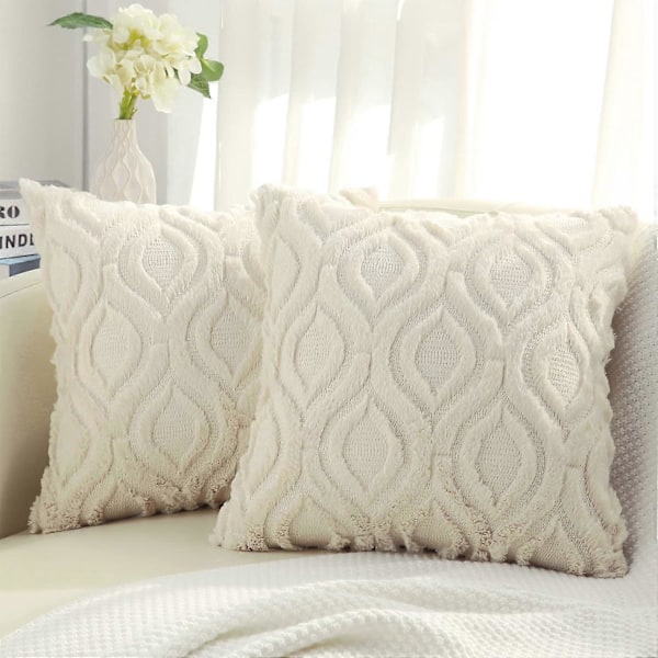 Set med 2 Fuskpäls Kuddfodral 45x45 cm, Dekorativa Mjuka Plyschiga Sammets Kuddfodral 18X18 Tum, Fyrkantig Boho Neutral, för Soffa, beige
