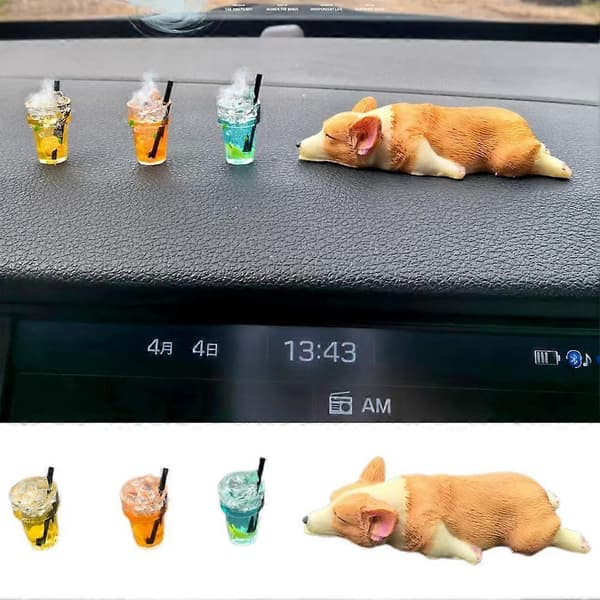 Tecknad bilprydnad Dekoration Sovande Corgi Mini Små Djurtillbehör A