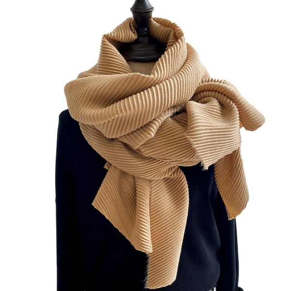 Japansk grønn Miyake-stil ensfarget imitert bomull og lin plissert skjerf vinter dame stil sjal varmt skjerf camel