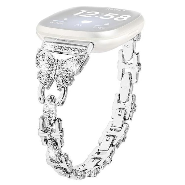 Kompatibel med Fitbit Versa 3 / Sense armbånd i rustfritt stål med sommerfugl-rhinestone dekor klokkereim Silver