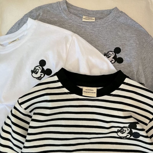 Mode børnetøj Drenge Piger tegneserie Mickey stribet raglanærmet langærmet T-shirt 0041-White 80cm