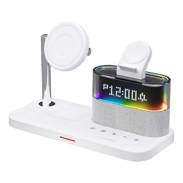 C09 Magneettinen langaton latausasema puhelimelle / AirPodseille / Apple Watchille herätyskellolla ja yövalolla White