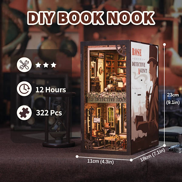 Cutebee 3D Palapeli Puinen Kirjanurkkaussetti DIY Nukkekodin Kirjahylly Lelut Pienoiskoossa Talokirjanurkkaus Pölytiiviillä Kannella Lahjat Detective Agency