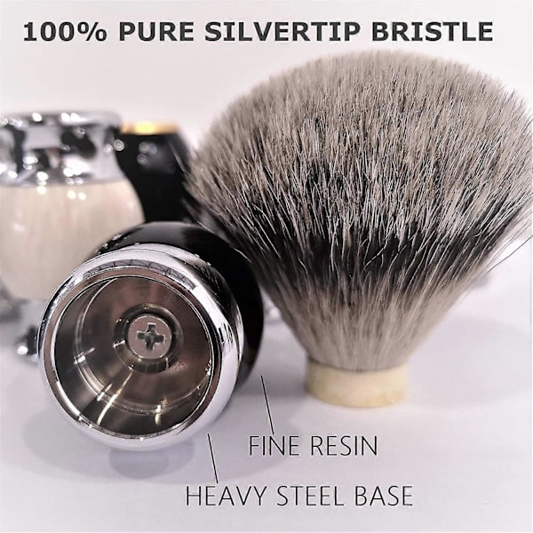 100% Silvertip Grevlinghår Barberkost, Håndlaget Barberkost med Fint Resin Håndtak og Rustfritt Stål Base (Svart)