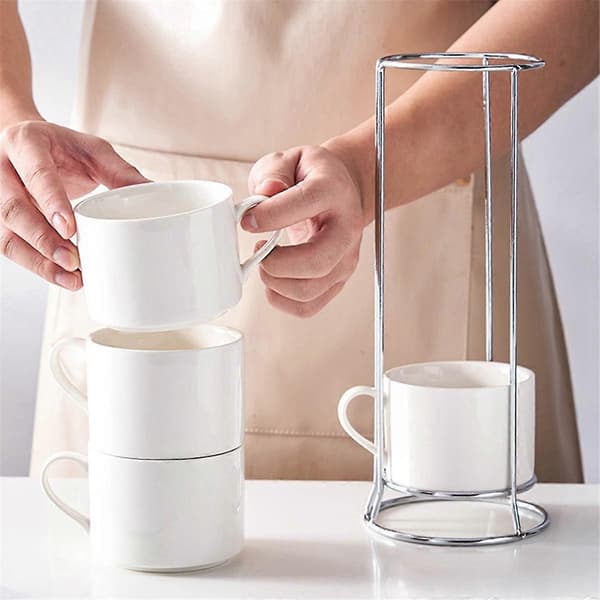 Stabelbare Cappuccino-kopper i porcelæn med underkopper og metalstativ, espressokopper til lattekaffe Ca