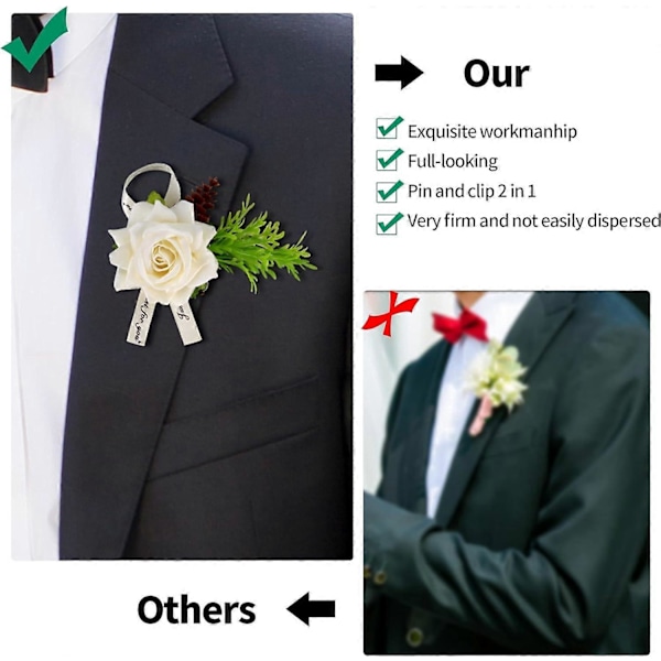 4 stk Bryllupsknapphull, Hvite Rose Corsage Knapphull Blomster med Nål Klipp