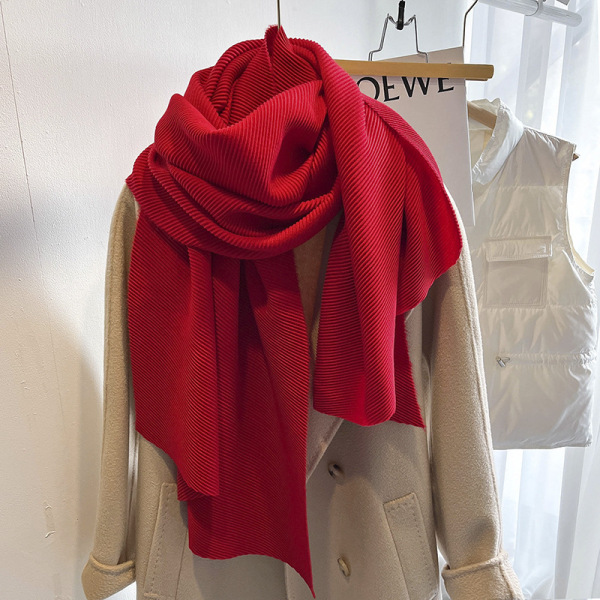 Japansk grønn Miyake-stil ensfarget imitert bomull og lin plissert skjerf vinter dame stil sjal varmt skjerf Big red