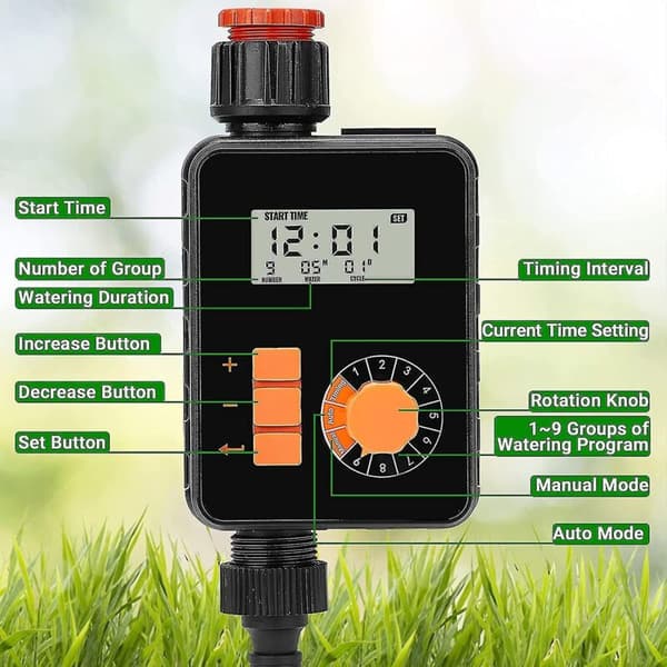 Vanningsur, programmerbar hagevanningstimer, plenkranslangesprinklertimer med stor LCD-skjerm, regnsensor, auto/manuell modus, R