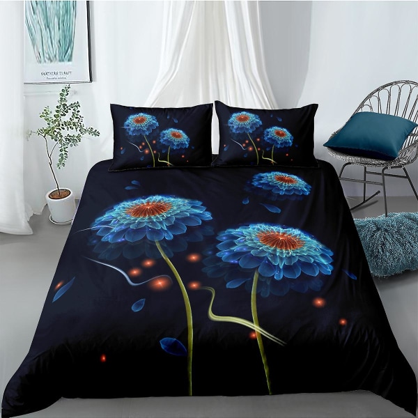 Blommande Blommor King Queen Påslakan Blå Fantasy Blommig Växt Sängkläder Set För Tonåringar Vuxna Botaniskt Tema 2/3st Täcke
