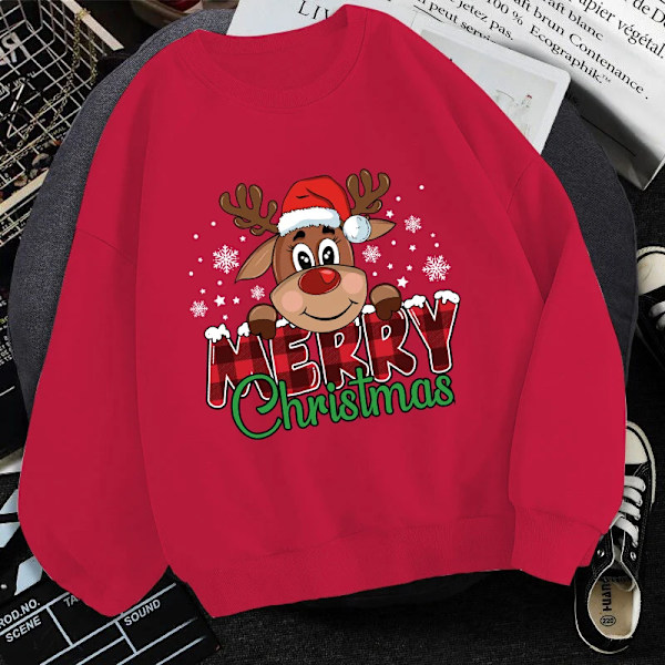 (Premium Sweatshirt) Sød Merry Christmas Print Sweatshirt Kvinder Efterår Vinter Dejlig Fleece Langærmet Mænd Casual Rund Hals Red L