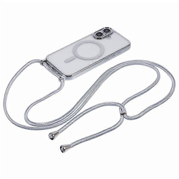 Kompatibelt skal för iPhone 16, kompatibelt med MagSafe, elektropläterad TPU-mobilskydd med långt snöre Silver