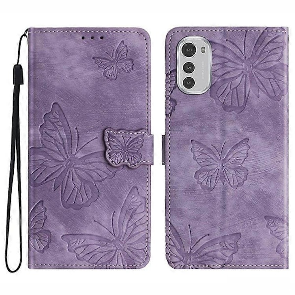 Kompatibel for Motorola Moto E32 4G Sommerfugl Preget Stativ Lærveske Hud-berørings Telefon Lommebok Deksel Purple