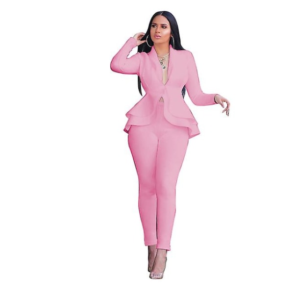 Dam Set Träningsdräkt Långärmad Volang Kavajer Byxor Kostym Tvådelat Set Kontorsdam Affärskläder Uniform Pink XL