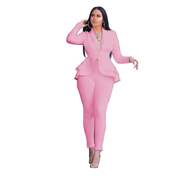 Dam Set Träningsoverall Helärm Volanger Kavaj Byxor Kostym Tvådelat Set Kontors Dam Business Wear Uniform Pink XXL