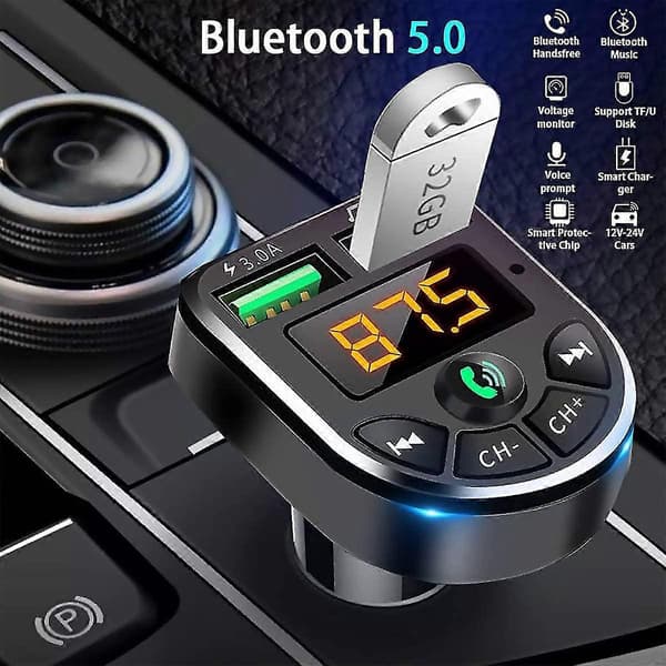 Bluetooth-sender, bilradio-lydadapter Bluetooth-spiller håndfri samtale, dobbel USB-port hurtiglader (1 stk, svart)