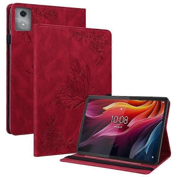 Kompatibelt Fodral för Lenovo Tab K11 Plus Fjäril Blomma Tryck PU Läder Tablet Skydd med Kortfack Red