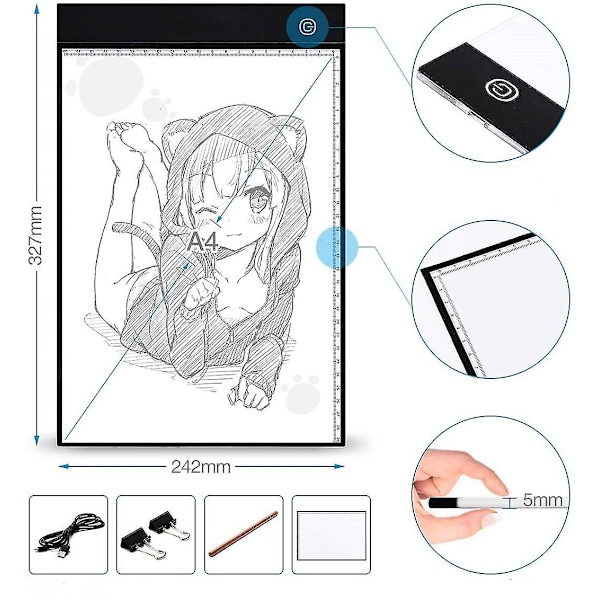 LED Lysplate A4 Lysbord Lampe Plate Bærbar Lysplate Lysstyrke Dimbar